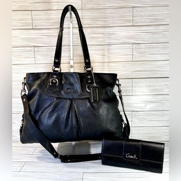 032-Coach:F15513 Ashley Black Pebbled Leather Satchel Carryall & Wallet Set - Picture 1 of 15